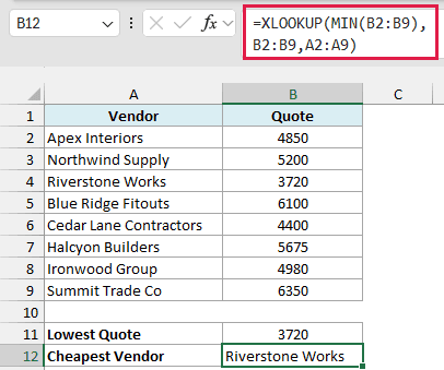 Excel vendor quotes with B12 selected showing Riverstone Works and the XLOOKUP formula boxed in red in the formula bar