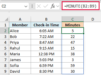 Excel formula =MINUTE(B2:B9) in the formula bar, extracting minute values from a list of check-in times in column B
