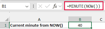 Excel formula bar shows =MINUTE(NOW()), with cell B1 returning the current minute.