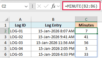 Excel formula bar showing =MINUTE(B2:B6) with column C displaying extracted minute values from timestamps in column B