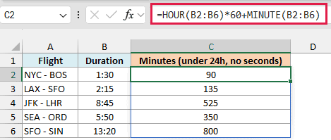Excel formula =HOUR(B2:B6)*60+MINUTE(B2:B6) in the formula bar calculating total minutes from flight durations in column B