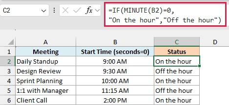 Excel formula =IF(MINUTE(B2)=0, "On the hour", "Off the hour") displayed in the formula bar for a meeting status table