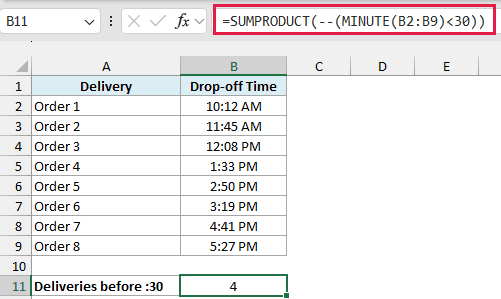 Excel formula =SUMPRODUCT(--(MINUTE(B2:B9)<30)) in formula bar counting deliveries with minutes before 30