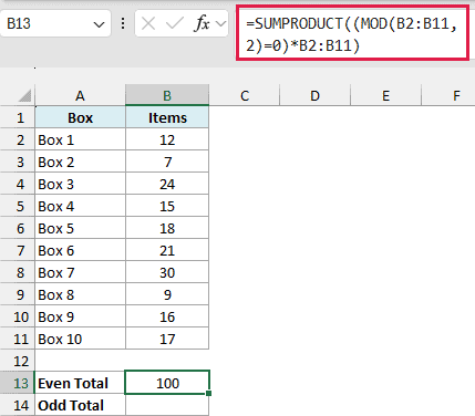 Excel formula using SUMPRODUCT and MOD to calculate the total of even numbers in a column of data