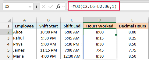 Excel shift table with hours worked and decimal hours, D2 showing 8:00 and =MOD(C2:C6-B2:B6,1) boxed in the formula bar