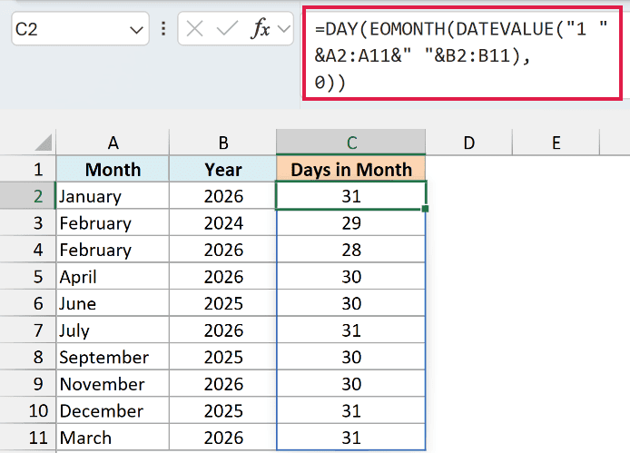 DATEVALUE, EOMONTH, and DAY formula returning the days in a month from the month name and year.