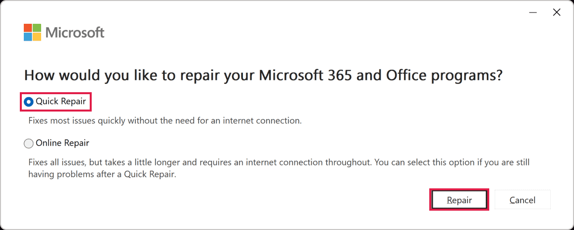 The Office repair window with Quick Repair selected