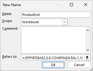 Example 4: the New Name dialog defining ProductList with a dynamic OFFSET formula.