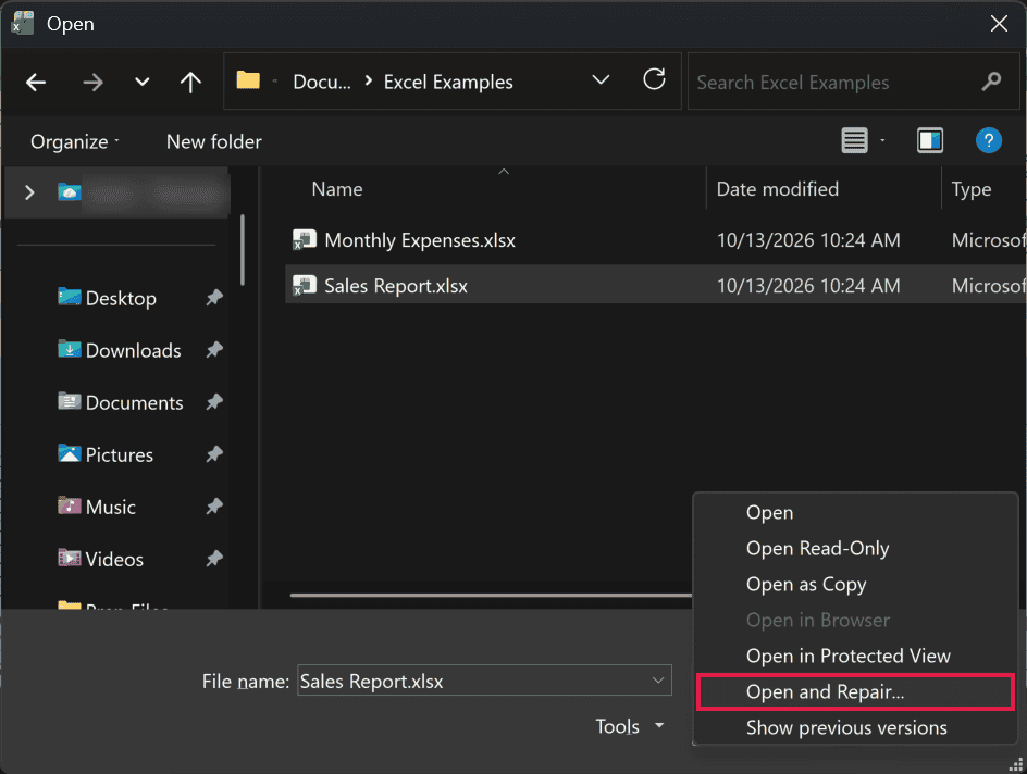 The menu under the Open button arrow with Open and Repair highlighted