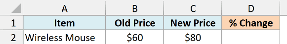 Old price of $60 and new price of $80 for a Wireless Mouse, with an empty % Change column