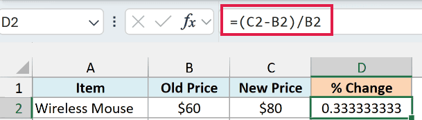 The formula =(C2-B2)/B2 in cell D2 returning the percentage increase as a decimal