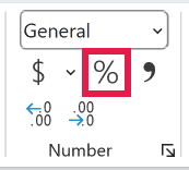 The % button in the Number group on the Home tab