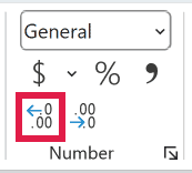 The Increase Decimal button next to the % button in the Number group