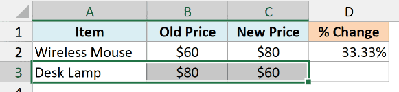 The Desk Lamp row with an old price of $80 and a new price of $60 selected