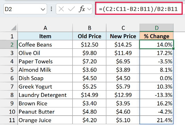 The spill formula =(C2:C11-B2:B11)/B2:B11 in cell D2 filling the % Change column