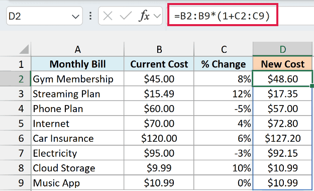 The formula =B2:B9*(1+C2:C9) in cell D2 calculating the new cost for each bill