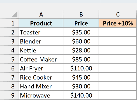 Kitchen appliance prices in column B with an empty Price +10% column