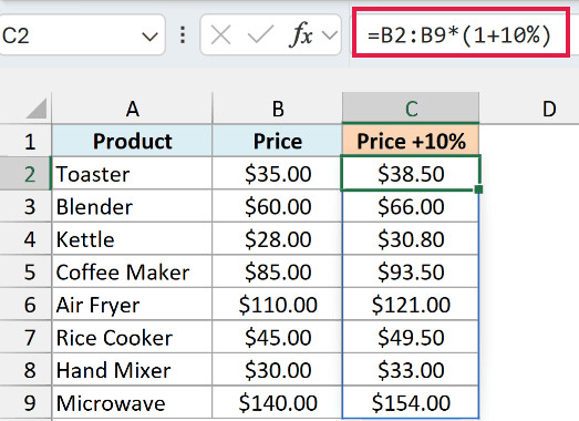 The formula =B2:B9*(1+10%) in cell C2 increasing every price by 10%