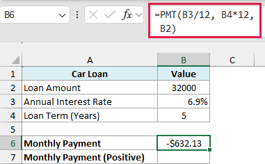 Excel formula bar showing a PMT function resulting in a negative monthly payment value of -$632.13 in cell B6