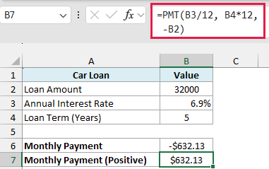 Excel formula bar showing =PMT(B3/12, B4*12, -B2) to convert a negative loan payment result into a positive value