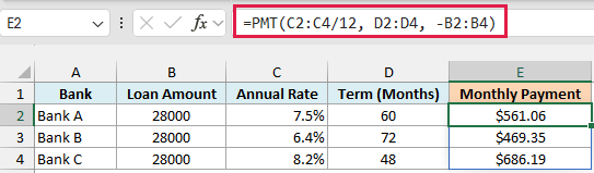 Excel formula bar showing a spilled PMT function calculating monthly payments for three different bank loan offers