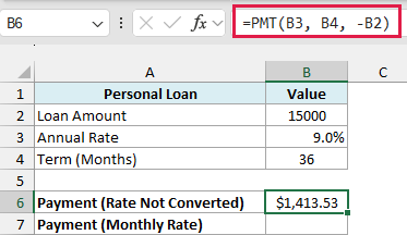 Excel formula bar showing PMT function using an annual interest rate instead of a monthly rate for a loan calculation