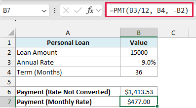 Excel formula bar showing PMT function with annual rate divided by 12 to calculate monthly loan payment in cell B7