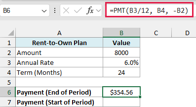 Excel formula bar showing PMT function for end of period payment calculation using loan amount, rate, and term