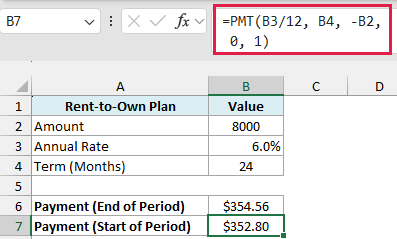 Excel formula bar showing PMT function with type 1 for start of period payments in a rent-to-own plan calculation