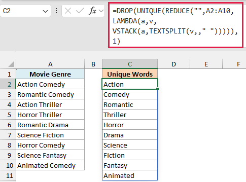 Reduce formula to get unique words in a range