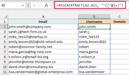 REGEXEXTRACT formula to extract username from email