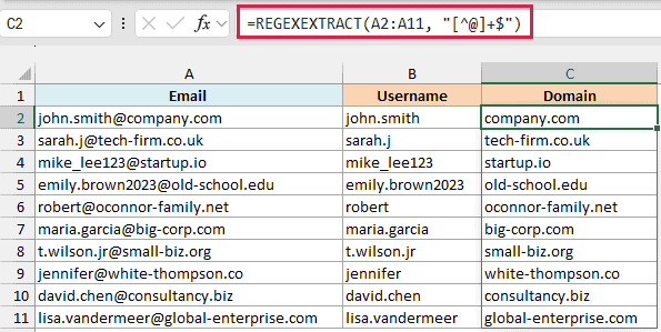 REGEXEXTRACT formula to extract domain from email