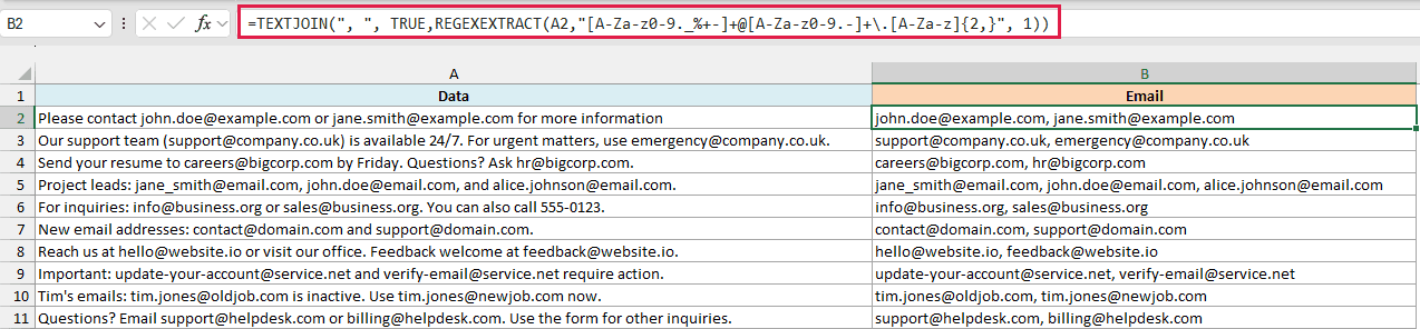REGEX formula in Excel to extract multiple emails from text