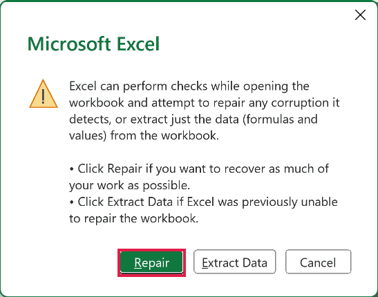 Excel's prompt offering Repair and Extract Data for the damaged workbook