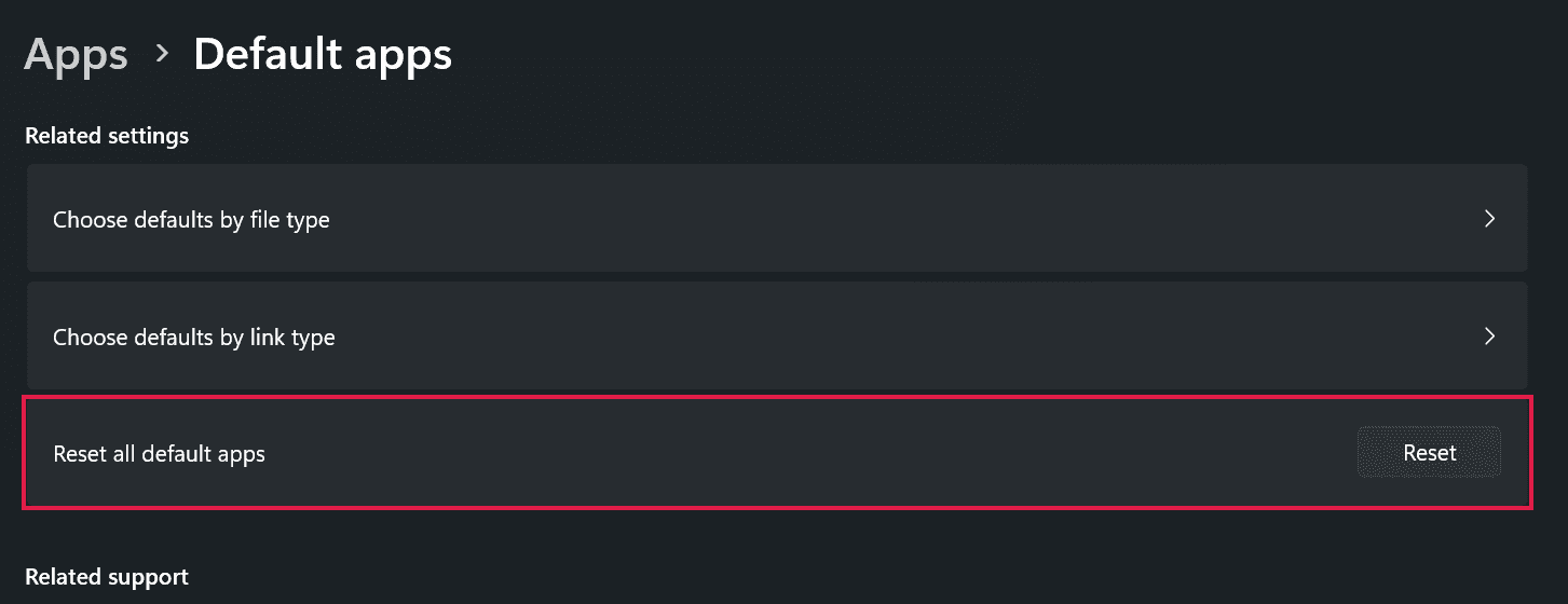 The Reset all default apps option at the bottom of the Default apps page