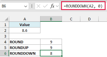 Excel formula bar showing =ROUNDDOWN(A2, 0) with cell B6 displaying the result 8 for the value 8.6