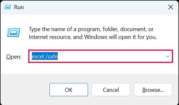 The Run box with excel /safe typed in the Open field