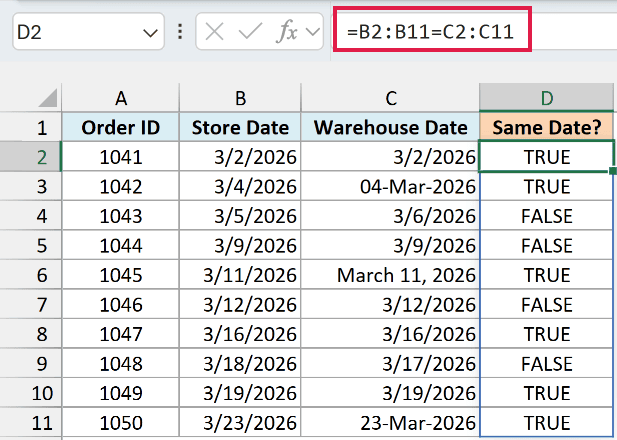 Formula comparing two date columns in Excel with the equal-to operator, spilling TRUE or FALSE for each order.
