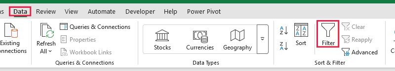 Filter in the Sort & Filter group on the Data tab