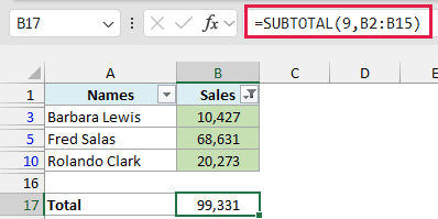 Only green rows are visible, with SUBTOTAL in B17 returning 99,331