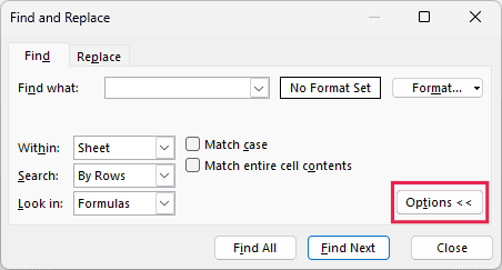 Find and Replace dialog with the Find tab open and Options expanded