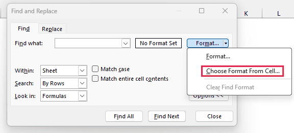 Format button drop-down with Choose Format From Cell