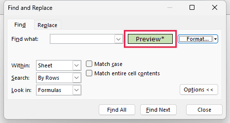 Find and Replace dialog with the Preview box showing the green fill picked from B3