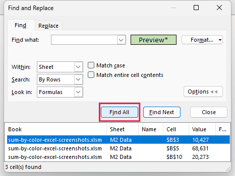 Find All results list B3, B5, and B10, with 3 cells found