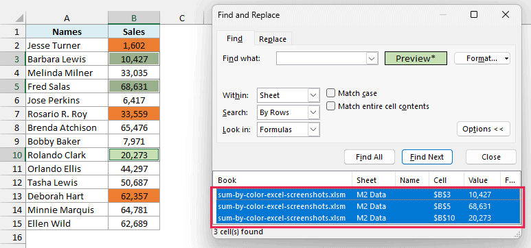 All three Find results selected, with B3, B5, and B10 also selected on the worksheet