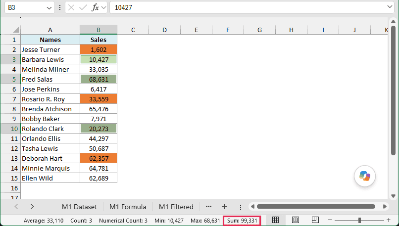 Selected colored cells with green fill and the Excel status bar showing Sum: 99,331