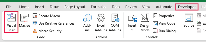 Visual Basic in the Code group on the Developer tab