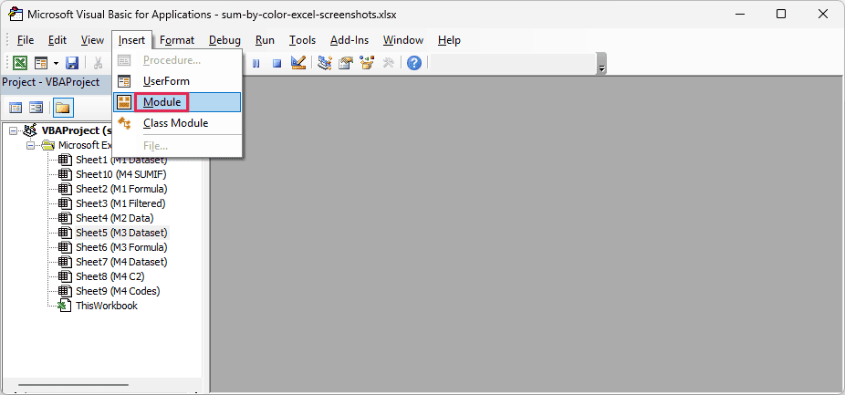 Visual Basic Editor with Module highlighted in the Insert menu