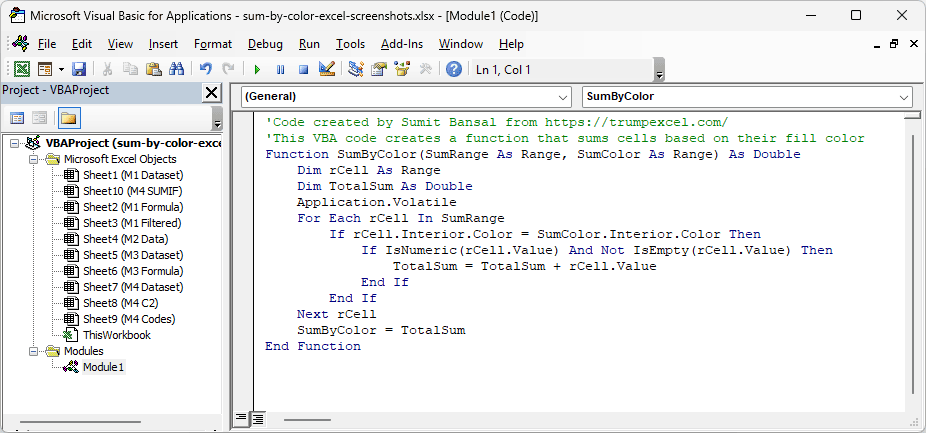 SumByColor function code in a module window