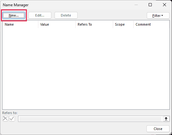 Empty Name Manager dialog with the New button